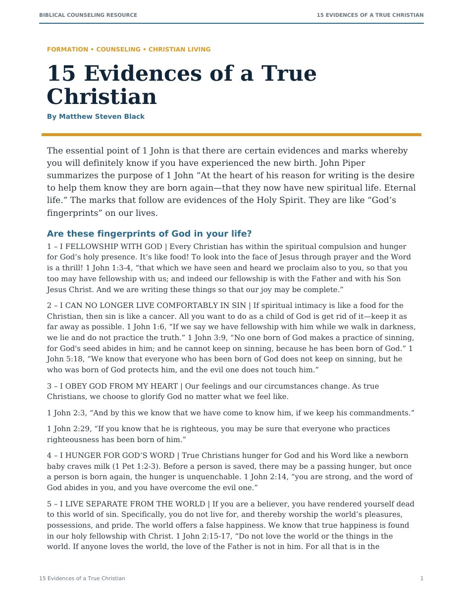 First page of 15 Evidences of a True Christian