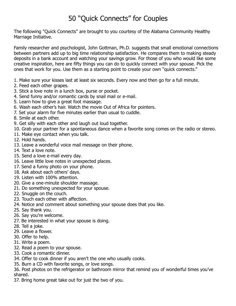 First page of 50 Quick Connects for Couples