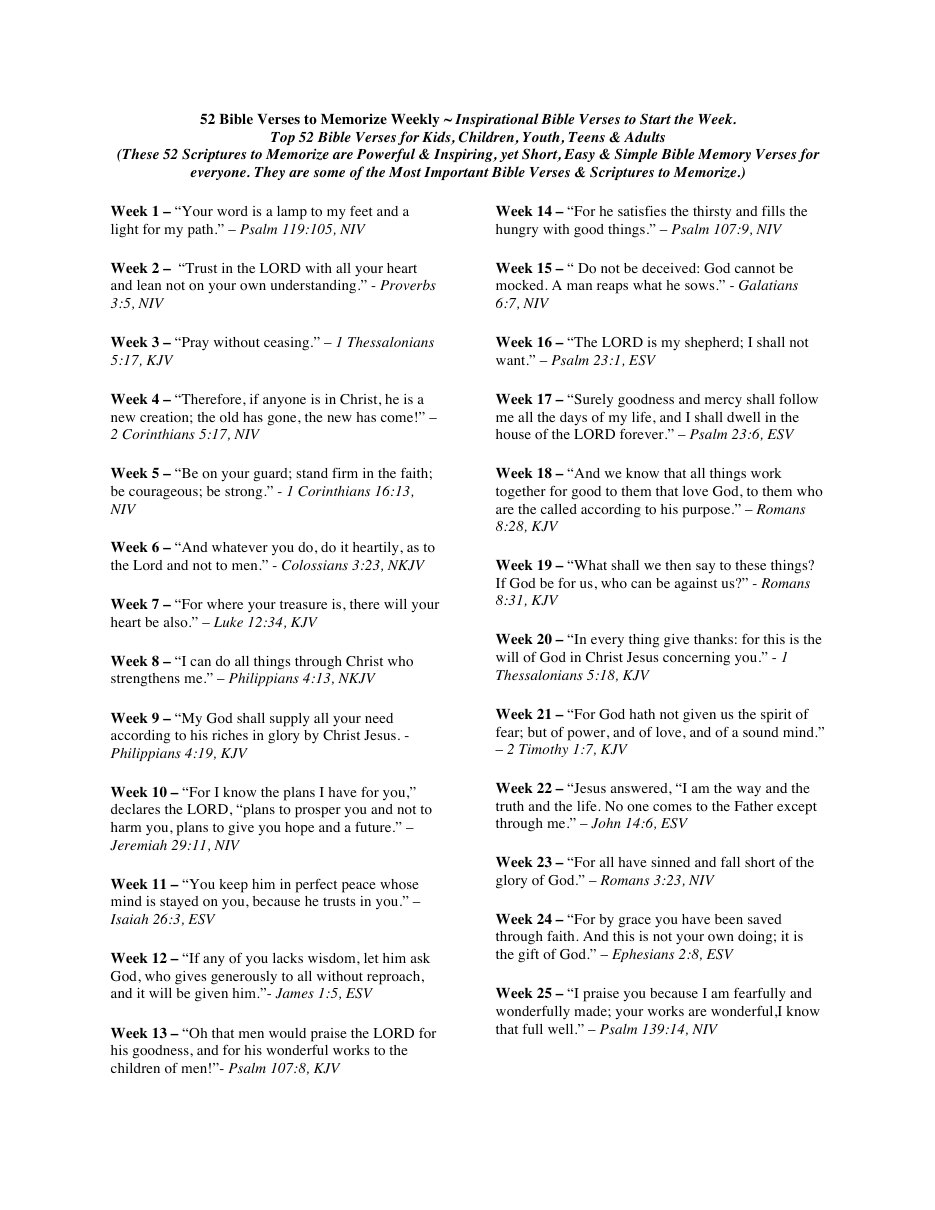 First page of 52 Weekly Bible Memory Verses