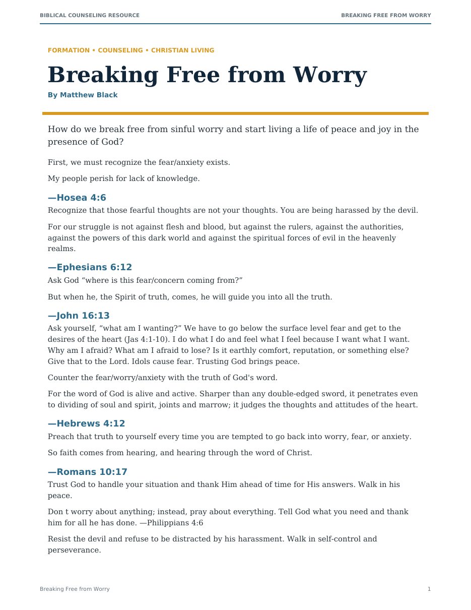 First page of Breaking Free from Worry