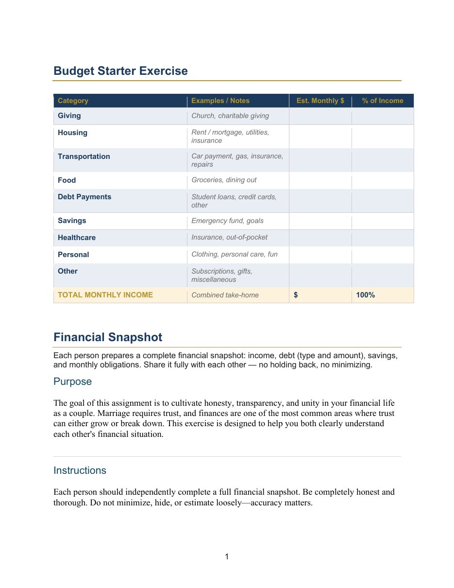 First page of Budget Starter and Financial Snapshot