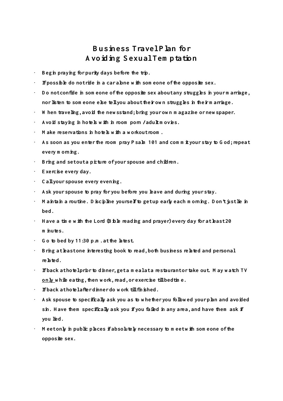 First page of Business Travel Plan for Avoiding Impurity