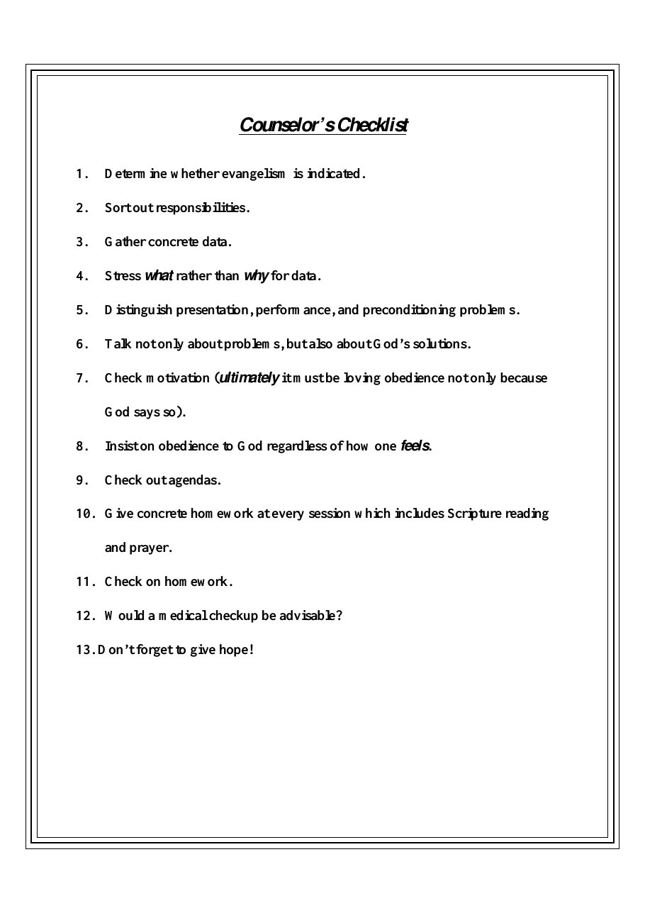 First page of Counselor’s Checklist