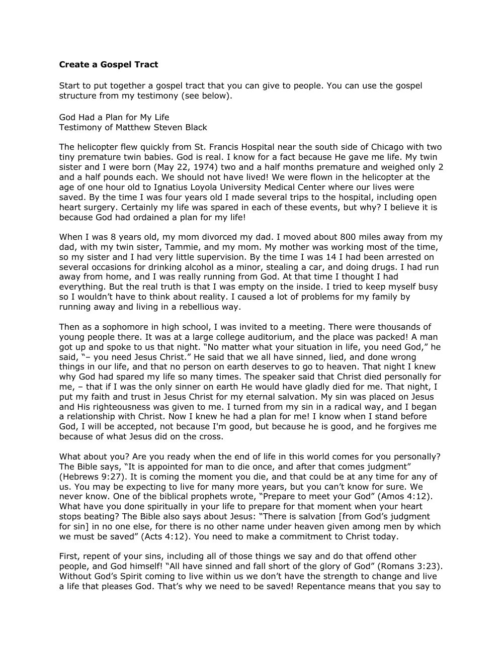 First page of Create a Gospel Tract