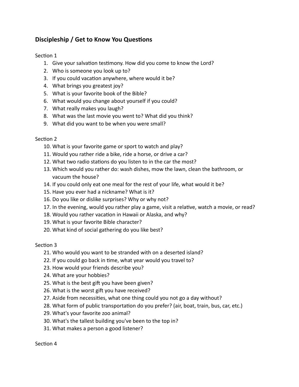 First page of Discipleship Get-to-Know-You Questions
