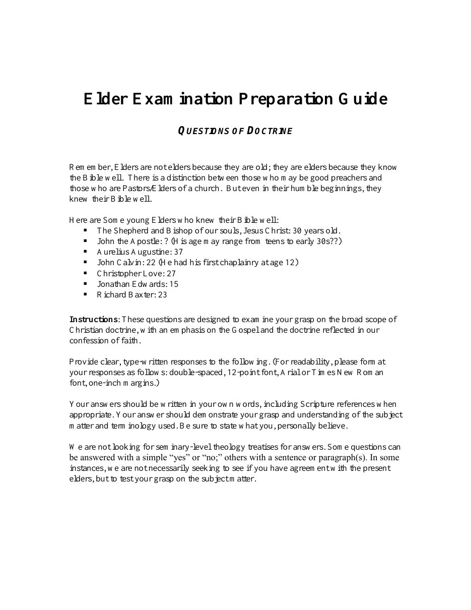 First page of Elder Ordination Exam