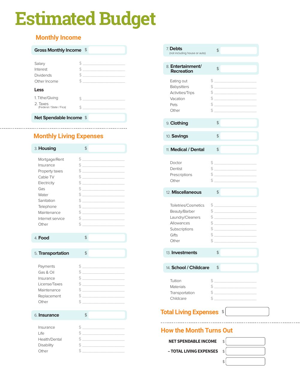 First page of Estimated Monthly Budget