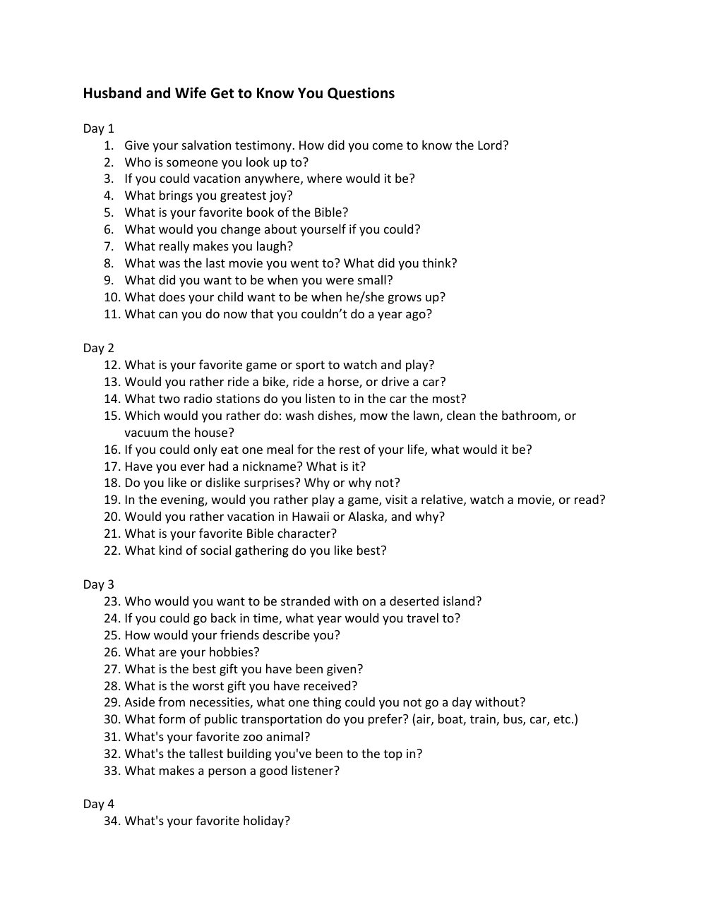 First page of Husband and Wife Get-to-Know-You Questions