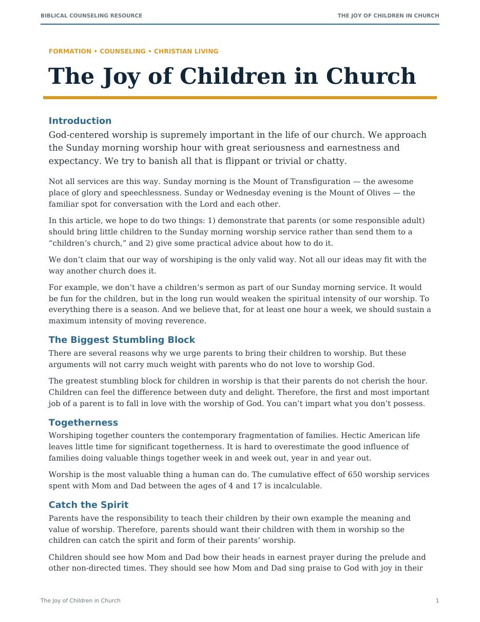 First page of The Joy of Children in Church