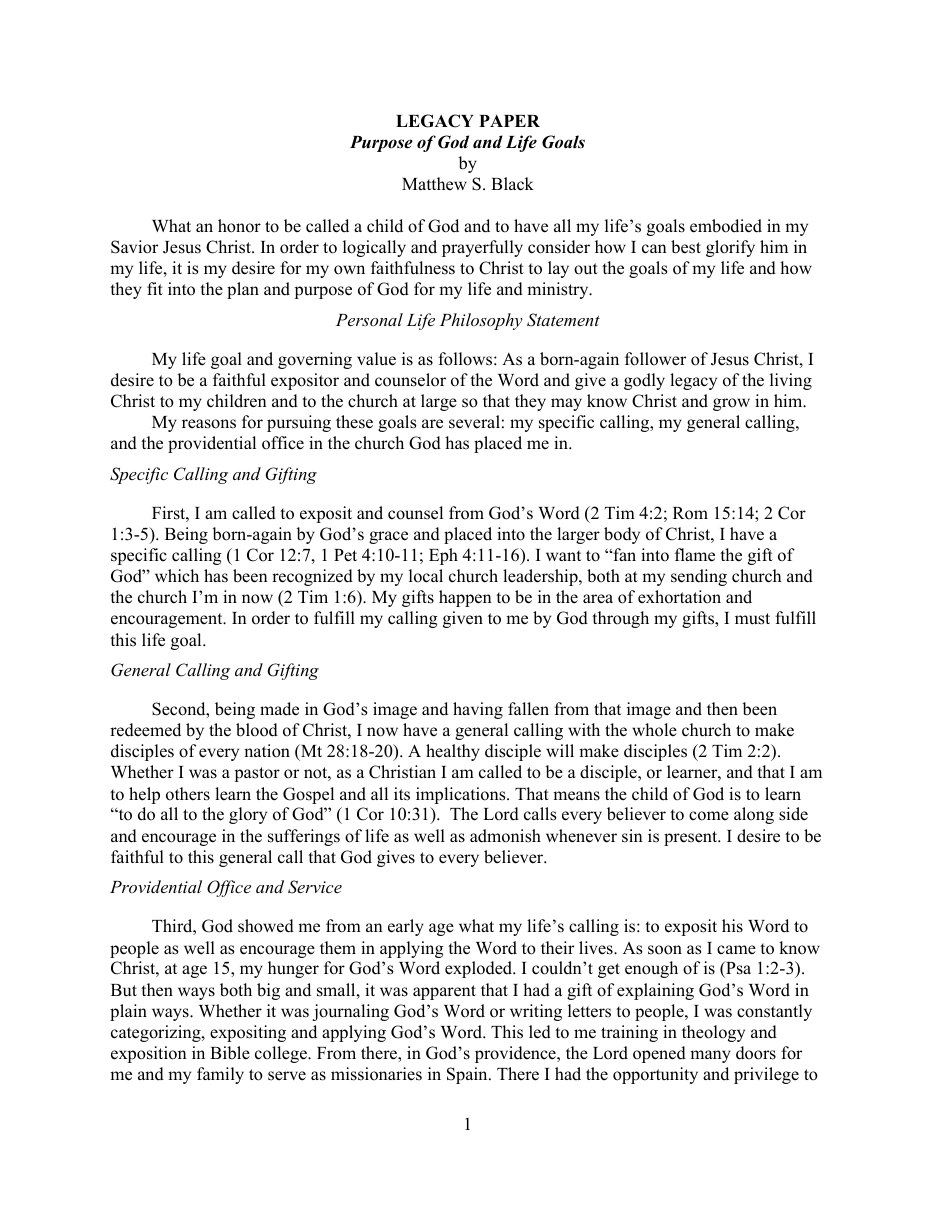 First page of Legacy Paper: Purpose of God and Life Goals