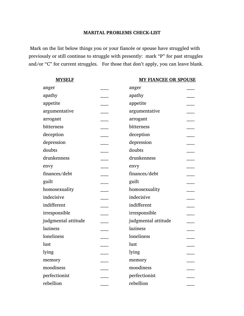First page of Marital Problems Checklist