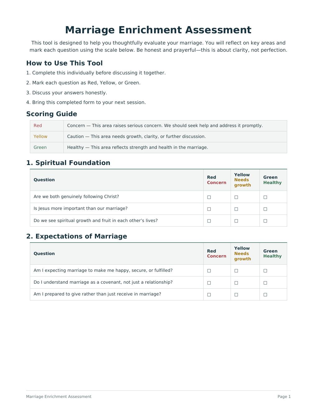 First page of Marriage Enrichment Assessment