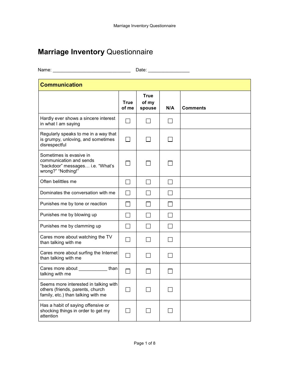 First page of Marriage Inventory Questionnaire