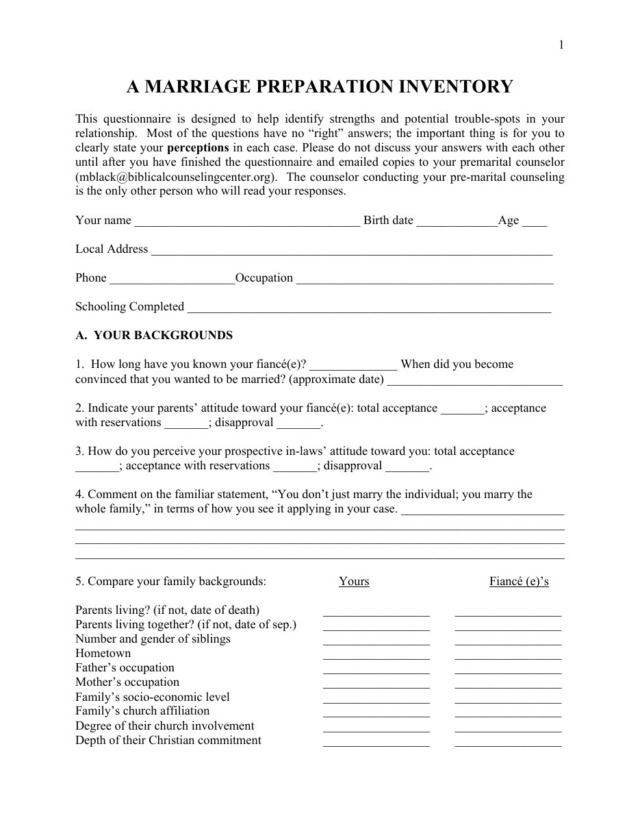 First page of Marriage Preparation Inventory