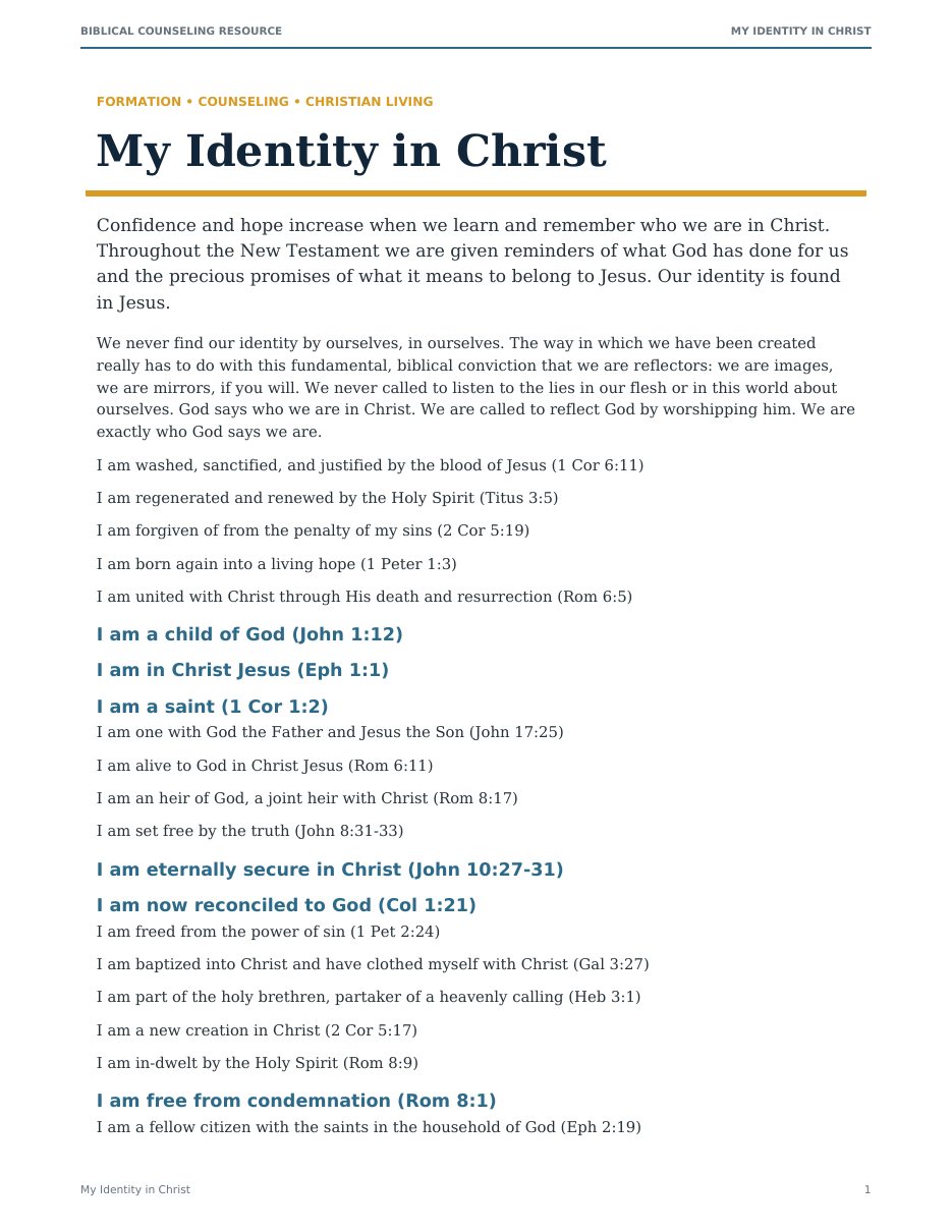 First page of My Identity in Christ
