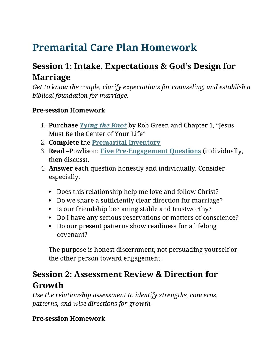 First page of Premarital Care Plan Homework
