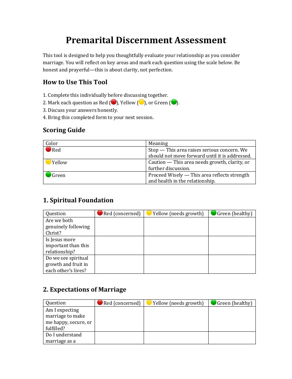 First page of Premarital Discernment Assessment