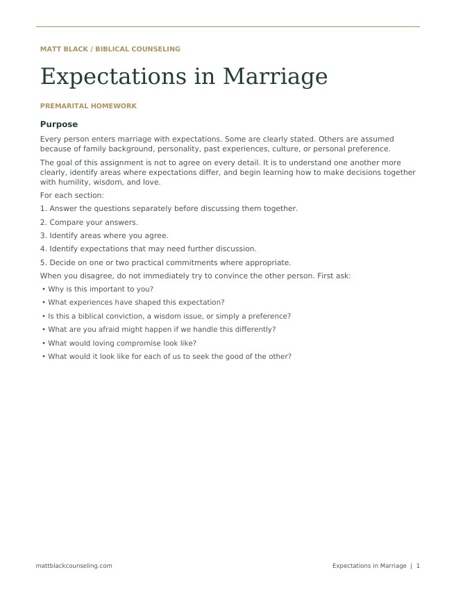 First page of Premarital Homework: Expectations in Marriage