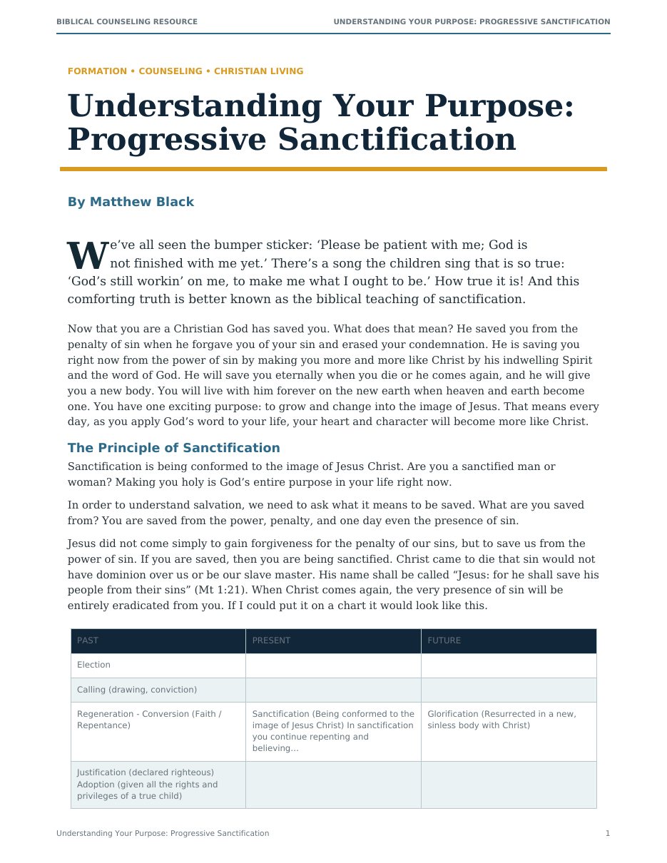 First page of Understanding Your Purpose: Progressive Sanctification