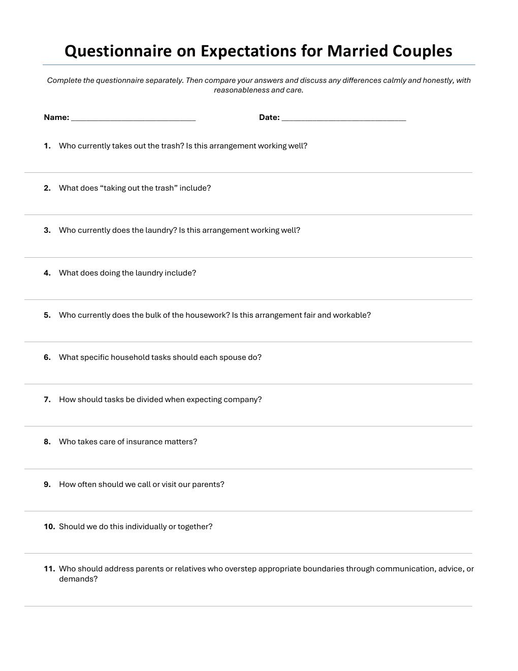 First page of Questionnaire on Expectations for Married Couples