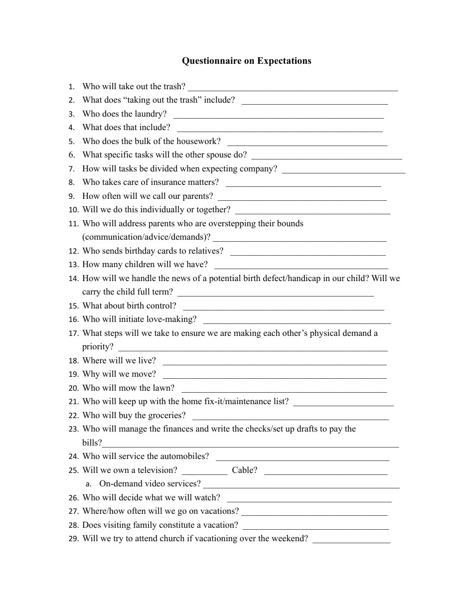 First page of Questionnaire on Expectations