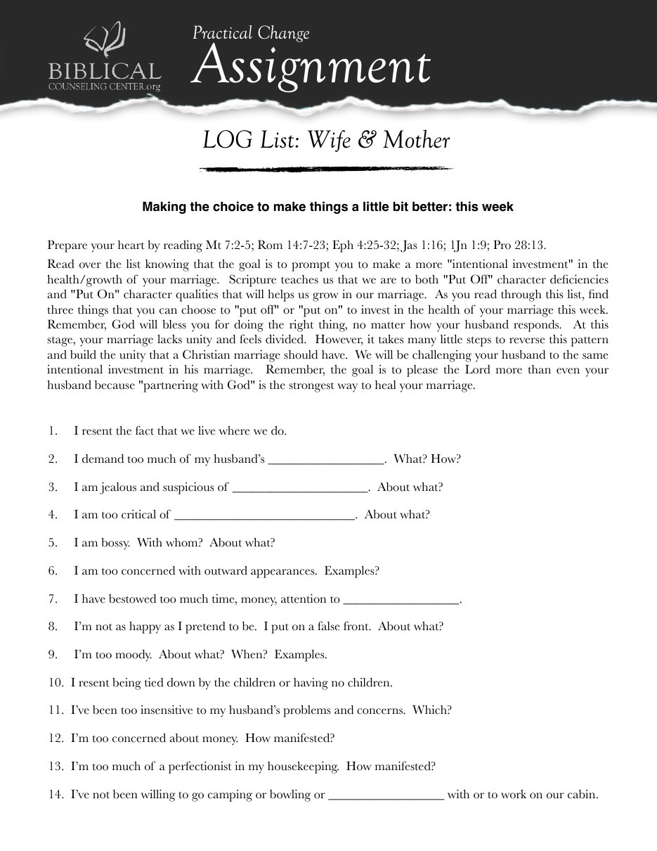 First page of Questionnaire for Wife and Mother