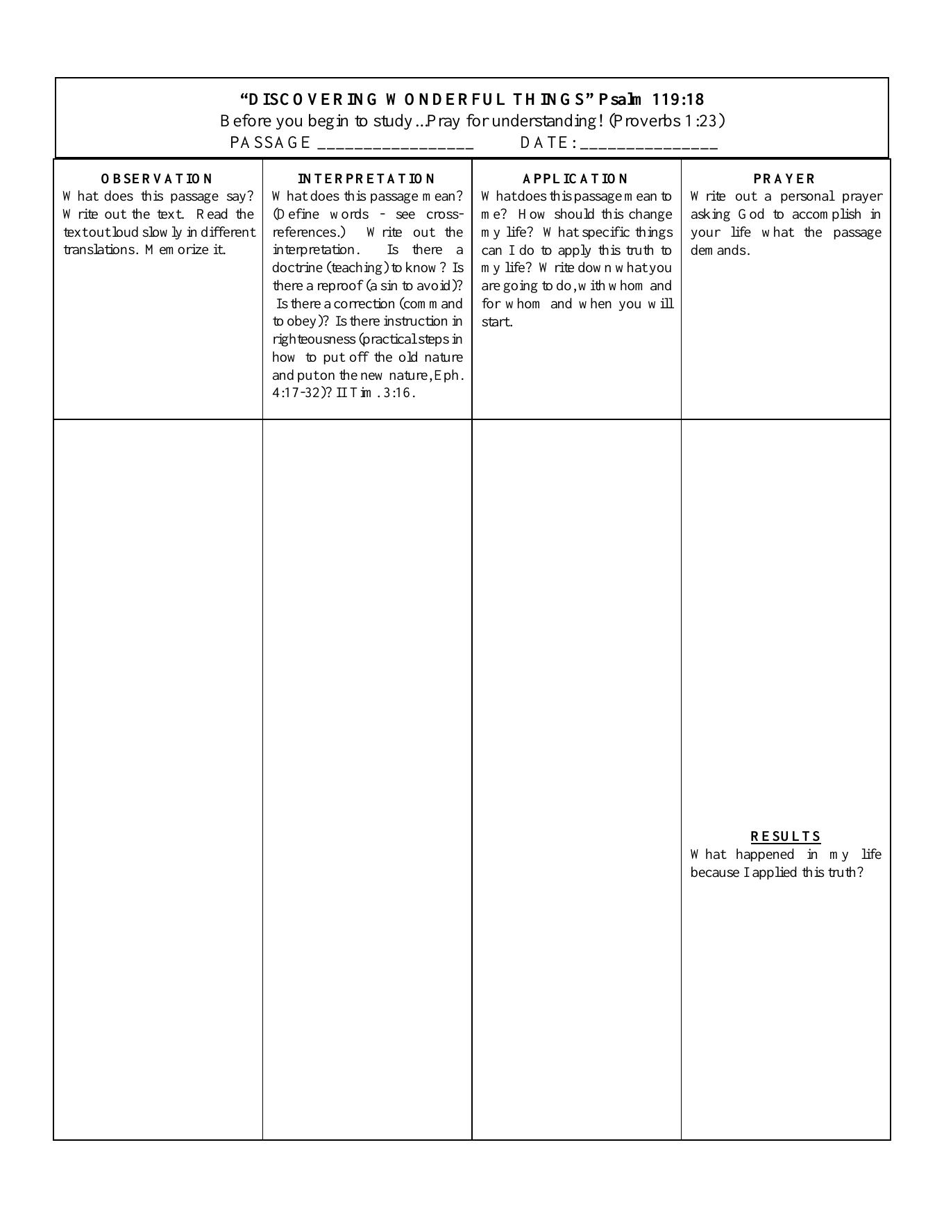 The complete first page of the Discovering Wonderful Things worksheet